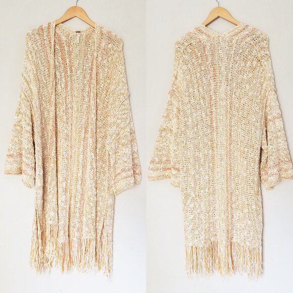 Free People Lucia Cardigan M/L Fringe Open Front Longline Saffron Combo $148 - Picture 16 of 16